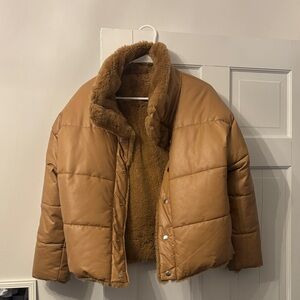 Reversible Brown leather puffer Jacket with Faux Fur Lining